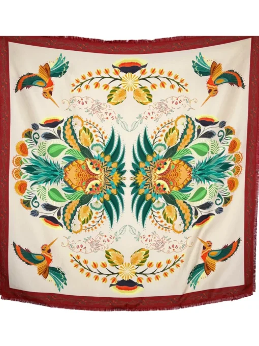 FRANCO FERRARI DOUBLE SIDED SQUARE SILK SCARF - WHITE HUMMINGBIRDS