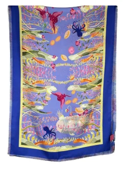 FRANCO FERRARI DOUBLE SIDED SILK SCARF - BLUE FLORAL/UNDERSEA