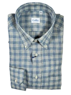 GALLIA MEN'S SHIRT - DENIM BLUE LINEN CHECK
