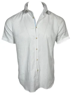 GMF 965 MEN'S LINEN BLEND SHORT-SLEEVE SPORT SHIRT - WHITE