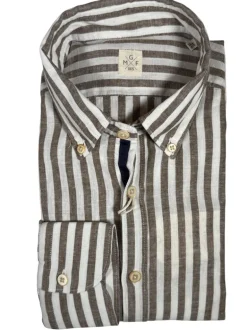 GMF 965 MEN'S LINEN BLEND SPORT SHIRT - BROWN STRIPE