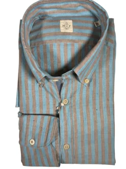 GMF 965 MEN'S LINEN BLEND SPORT SHIRT - BROWN/TEAL STRIPE