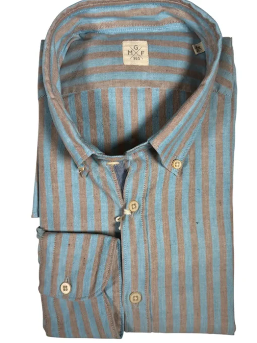 GMF 965 MEN'S LINEN BLEND SPORT SHIRT - BROWN/TEAL STRIPE