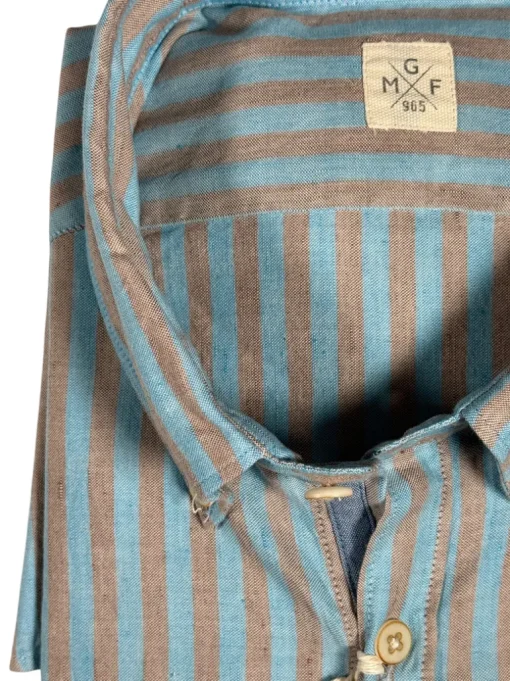 GMF 965 MEN'S LINEN BLEND SPORT SHIRT - BROWN/TEAL STRIPE
