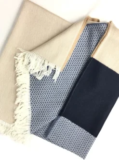 JOHNSTONS OF ELGIN MERINO WOOL COLOR BLOCK WOVEN THROW - NAVY