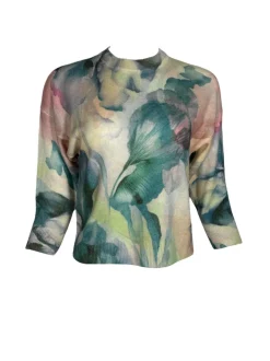 KINROSS CASHMERE CREW SWEATER - TEAL FLORAL