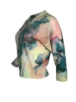 KINROSS CASHMERE CREW SWEATER - TEAL FLORAL