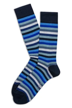 MARCOLIANI PIMA COTTON LISLE RAINBOW STRIPE CALF SOCK - BLUE MIX
