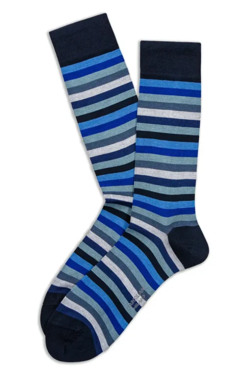 MARCOLIANI PIMA COTTON LISLE RAINBOW STRIPE CALF SOCK - BLUE MIX