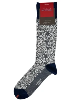 MARCOLIANI PIMA FLOWER PAISLEY CALF SOCK - WHITE/NAVY