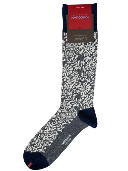 MARCOLIANI PIMA FLOWER PAISLEY CALF SOCK - WHITE/NAVY