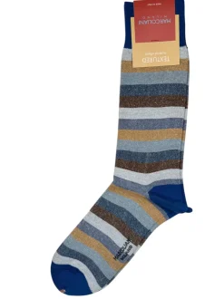 MARCOLIANI TONAL STRIPE CALF SOCK - BLUE/BEIGE