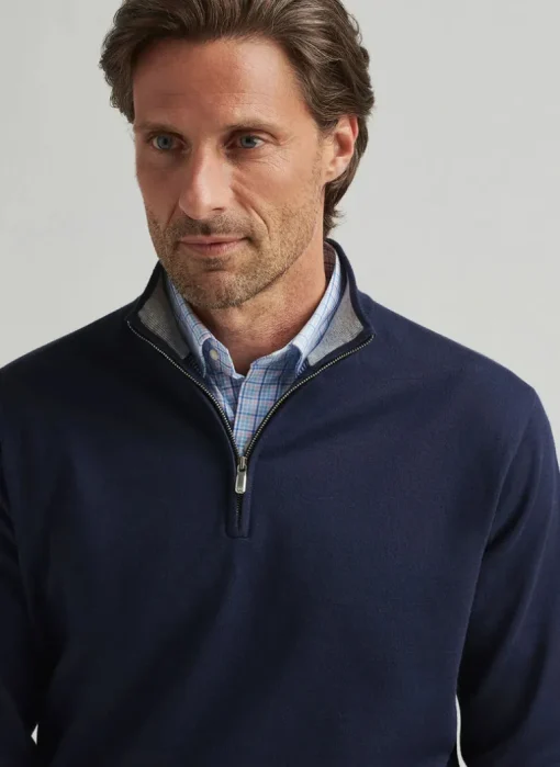 PETER MILLAR COOLSPUN COTTON QUARTER-ZIP SWEATER - NAVY