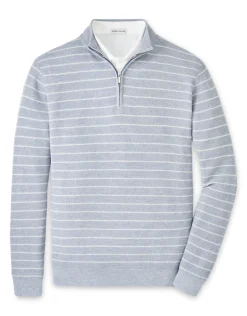 PETER MILLAR SOUTH BEND STRIPED QUARTER-ZIP SWEATER - MORNING BLUE