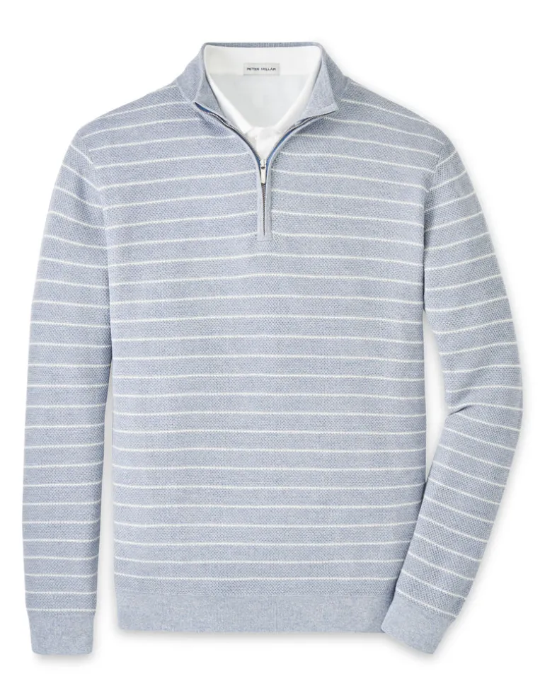PETER MILLAR SOUTH BEND STRIPED QUARTER-ZIP SWEATER - MORNING BLUE