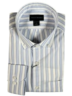 SCOTT BARBER BOLD SATEEN STRIPE MEN’S SHIRT - SKY