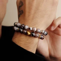 TATEOSSIAN MAXI NUGGET BEADED BRACELET - RHODIUM SILVER WITH MULTICOLOUR BOTSWANA AGATE