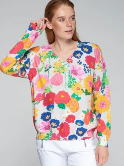 VILAGALLO BRIGHT FLOWERS SWEATER - MULTICOLOR ON WHITE