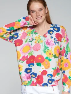 VILAGALLO BRIGHT FLOWERS SWEATER - MULTICOLOR ON WHITE