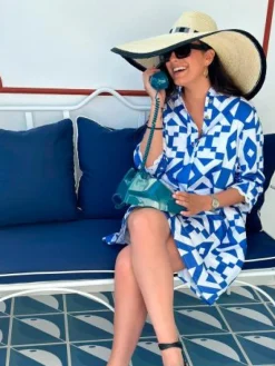 VILAGALLO GEOMETRIC DRESS - BLUE/WHITE