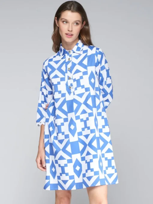 VILAGALLO GEOMETRIC DRESS - BLUE/WHITE