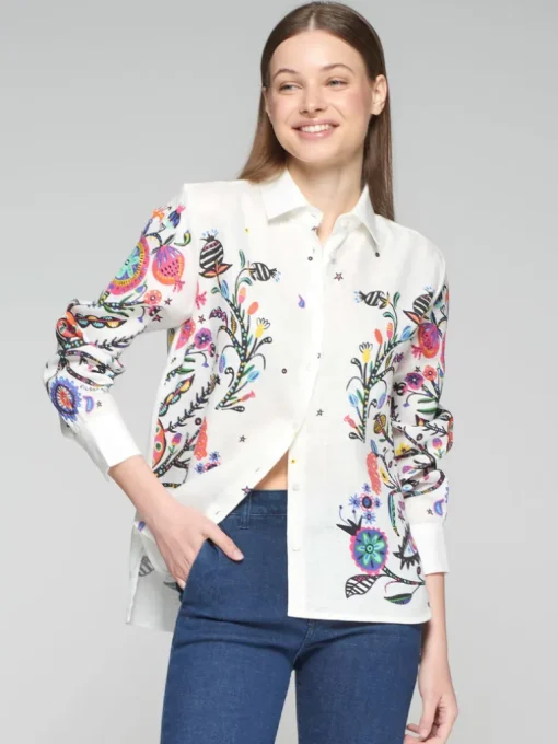 VILAGALLO LINEN ARBOREAL SHIRT - MULTICOLOR ON WHITE