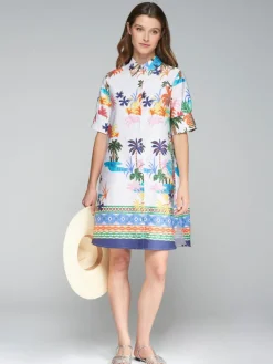 VILAGALLO PALM TREES PRINT DRESS - WHITE