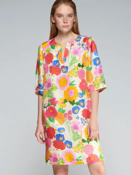 VILAGALLO SILK BRIGHT FLOWERS DRESS - MULTICOLOR