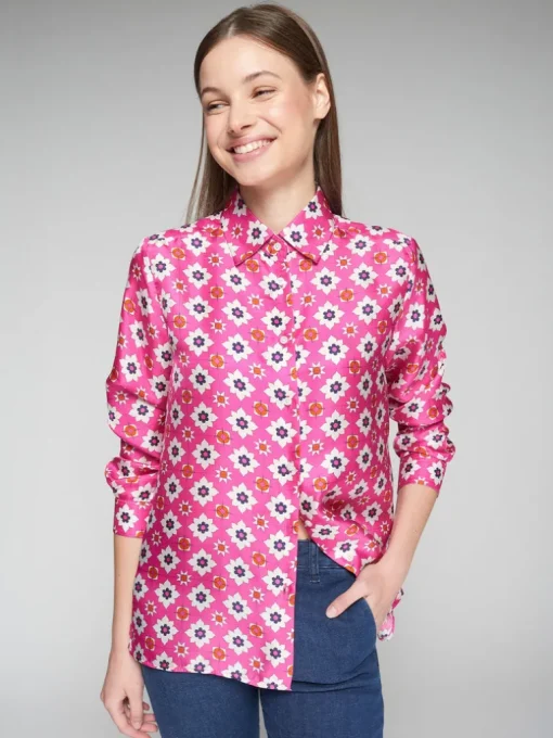 VILAGALLO SILK GEOMETRIC SHIRT - FUCSIA