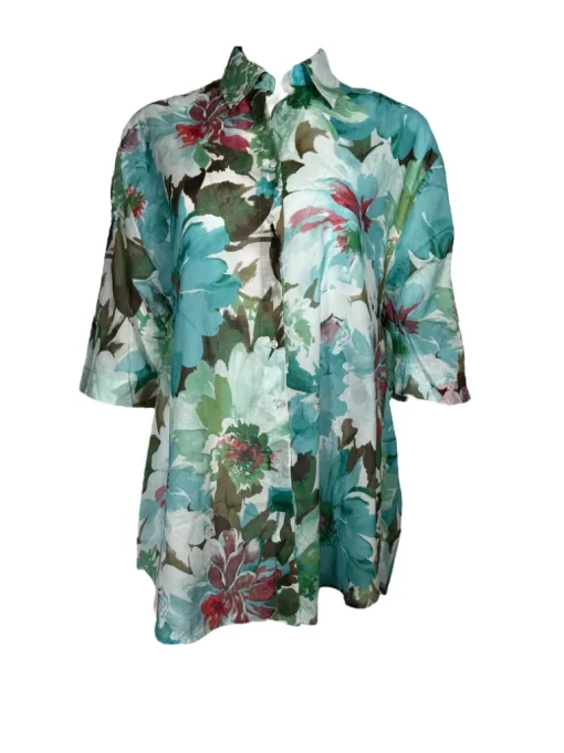 VLT'S BY VALENTINA'S WATERCOLOR FLORAL BLOUSE - GREEN/BLUE