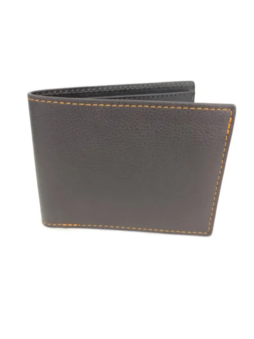 W.KLEINBERG PEBBLED BIFOLD WALLET - CHOCOLATE WITH ORANGE STITCHING