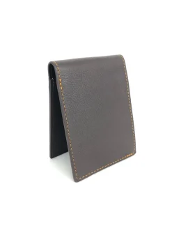 W.KLEINBERG PEBBLED BIFOLD WALLET - CHOCOLATE WITH ORANGE STITCHING